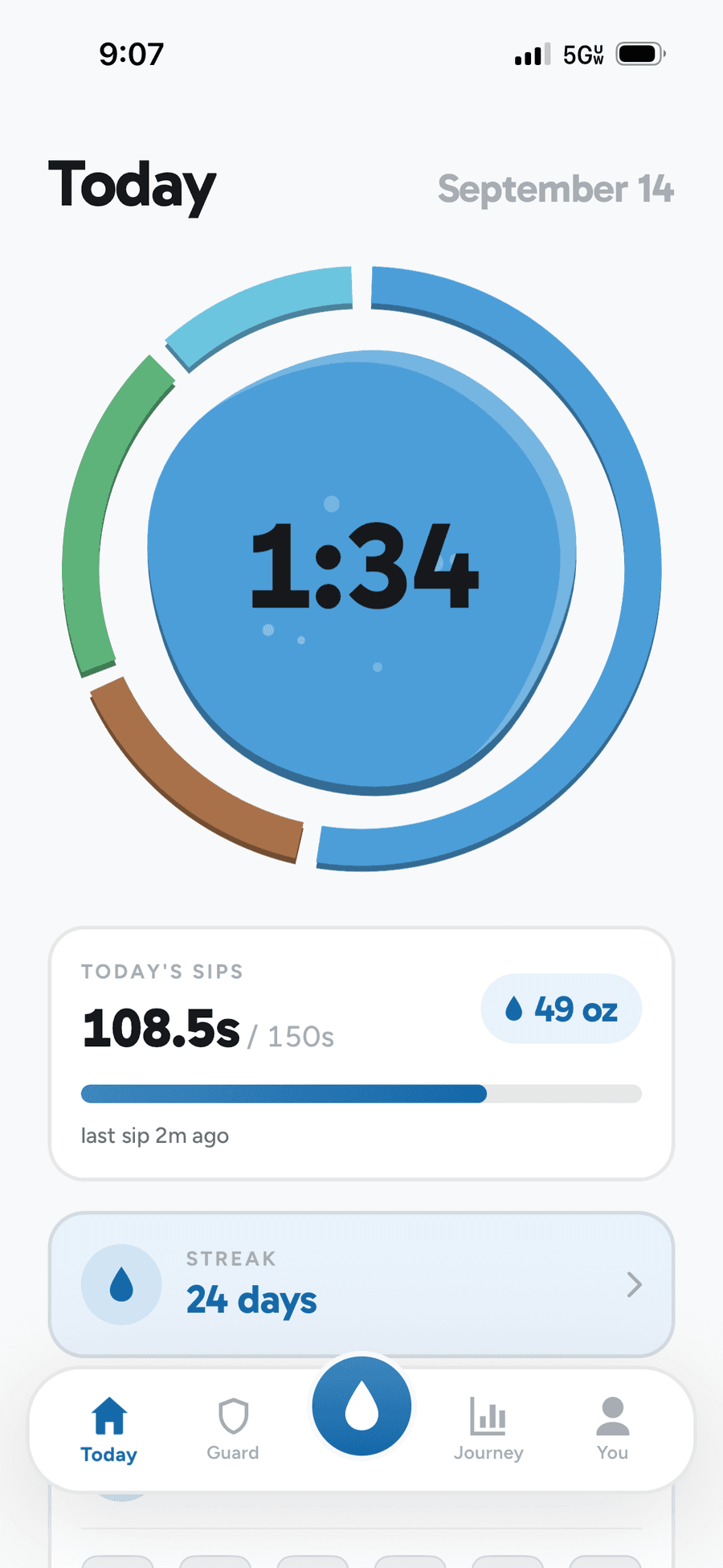 The drnk Today screen: the water ball, the outer ring of today's drinks, and the pool of screen time left