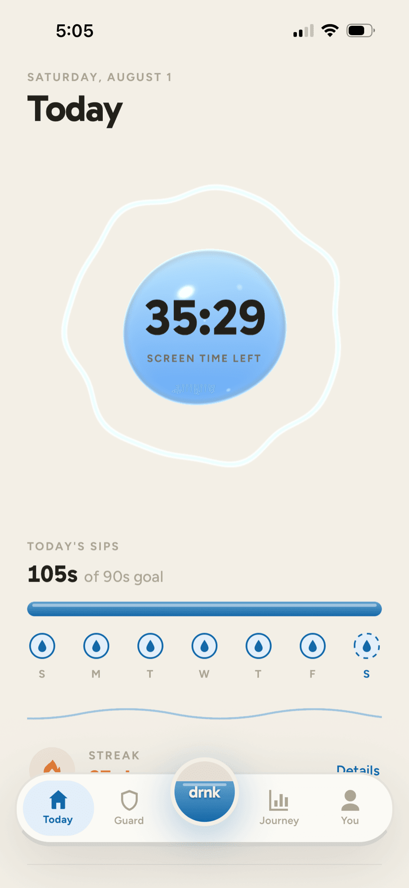 The drnk Today screen, showing 35 minutes of screen time left in the pool